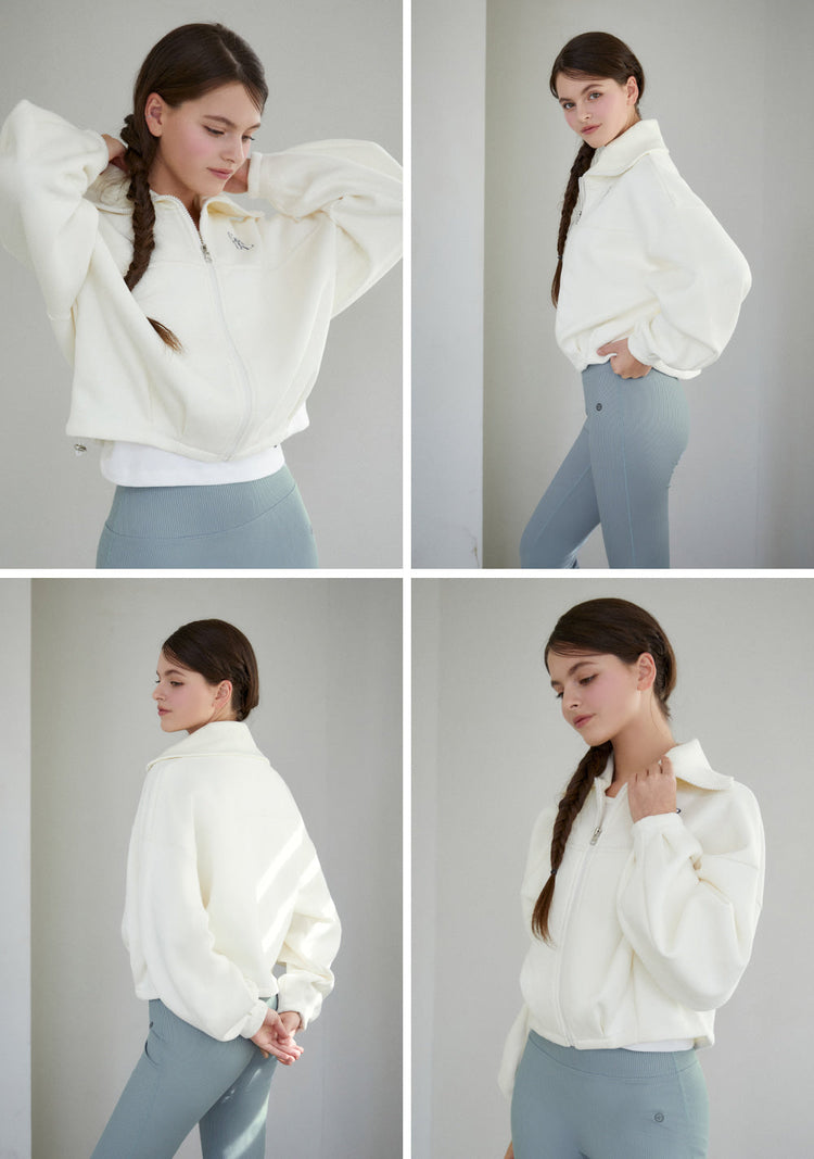 Soft Pin-tuck Crop Fluff Zip-Up