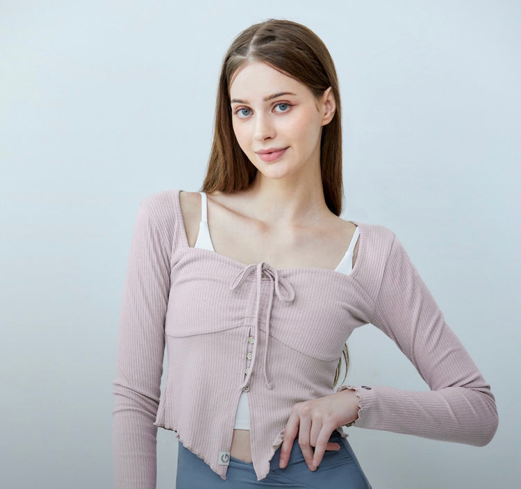 Grande Line Shirring Heart Neck Long Sleeves